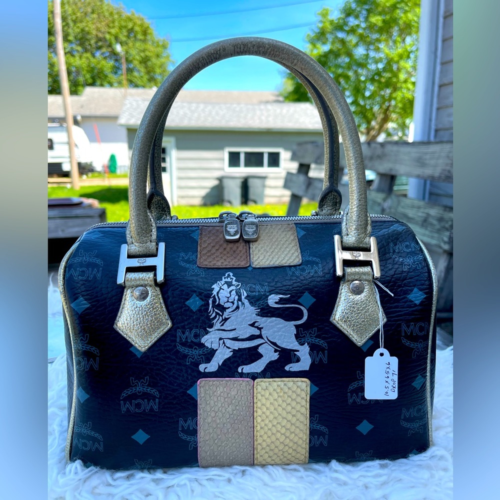 MCM Lion Princess Boston Purse in Black Visetos